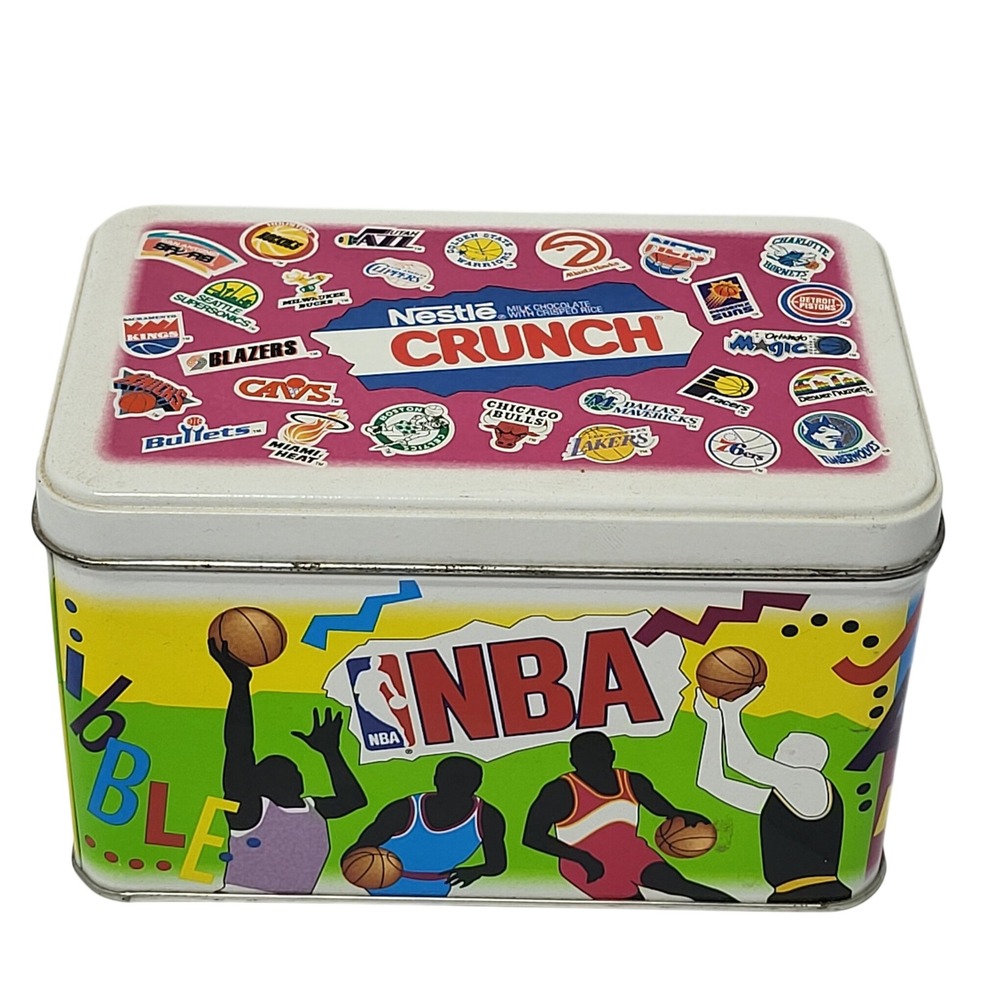 Vintage Nestle Crunch NBA Basketball Collectible Tin 90s Team Logos 6x4x4.5*